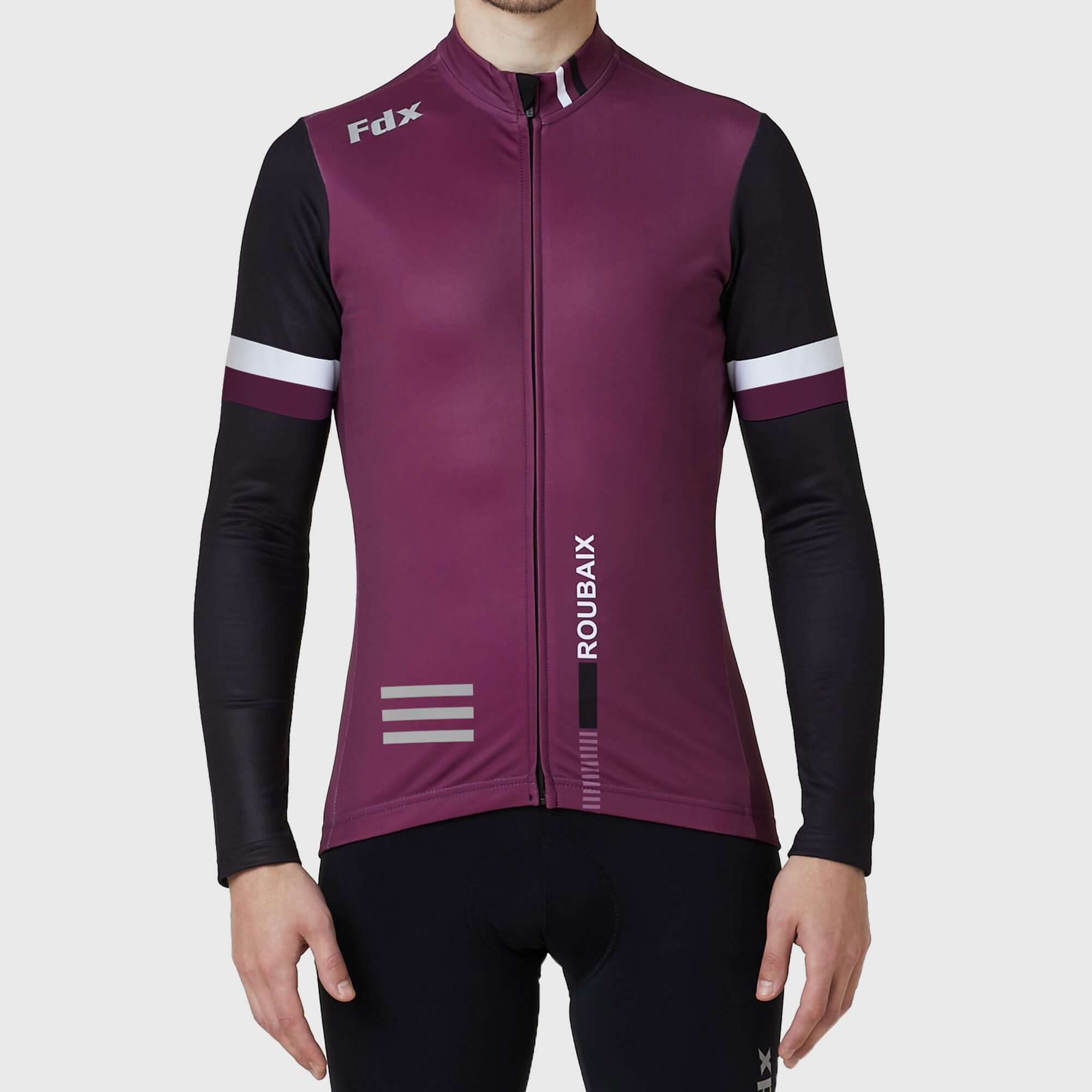 Fdx Men's Black & Purple Long Sleeve Cycling Jersey & Gel Padded Bib Tights Pants for Winter Roubaix Thermal Fleece Road Bike Wear Windproof, Hi-viz Reflectors & Pockets - Limited Edition