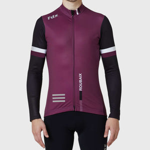 Fdx Mens Black & Purple Long Sleeve Cycling Jersey for Winter Roubaix Thermal Fleece Road Bike Wear Top Full Zipper, Pockets & Hi-viz Reflectors - Limited Edition