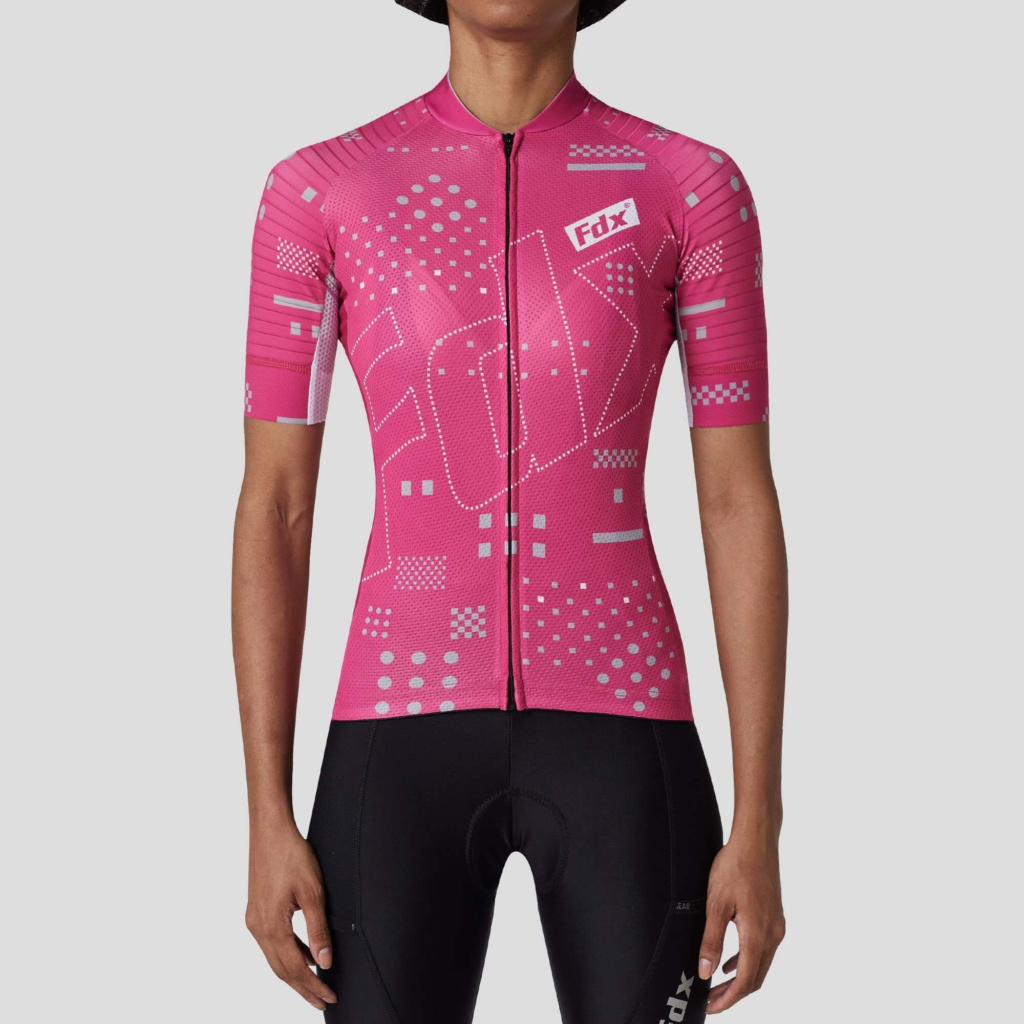 Fdx Women's Pink Short Sleeve Cycling Jersey & Gel Padded Bib Shorts Best Summer Road Bike Wear Light Weight, Hi-viz Reflectors & Pockets - All Day