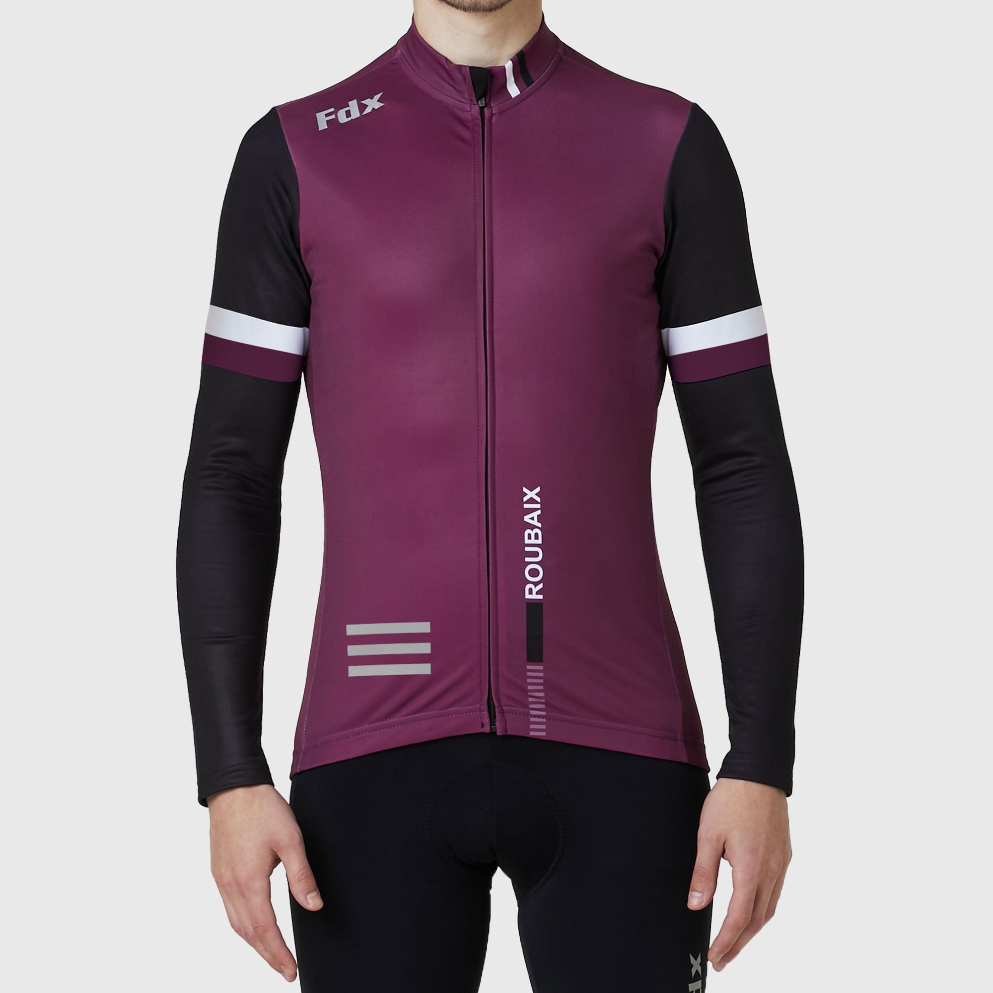 Fdx Men's Black & Purple Long Sleeve Cycling Jersey for Winter Roubaix Thermal Fleece Road Bike Wear Top Full Zipper, Pockets & Hi viz Reflectors - Limited Edition