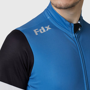 FDX Men's Road cycling Black & Blue Long Sleeve Jersey for Winter Roubaix Thermal Fleece Road Bike Wear Top Full Zipper, Pockets & Hi viz Reflectors - Limited Edition