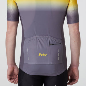 Men’s yellow and Grey Fdx best short sleeves cycling jersey indoor & outdoor Hi-Viz Reflective breathable summer lightweight biking top, skin friendly Hi-Viz Reflective half sleeves cycling mesh shirt for riding with Two Back and 1 Zip Pockets