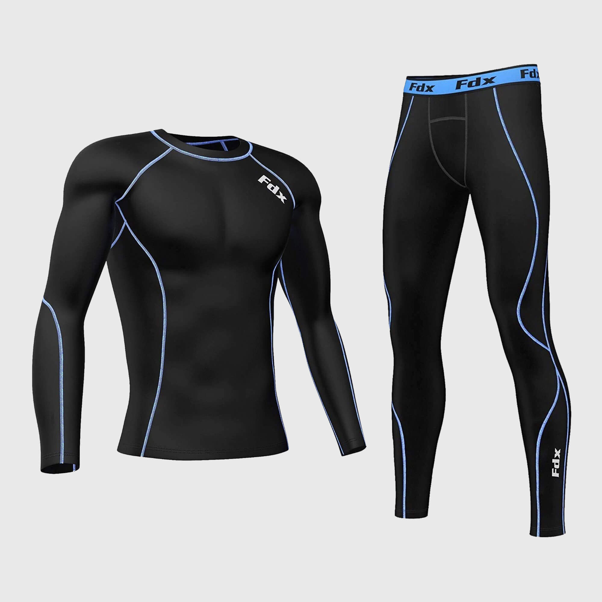 Fdx Men's Black & Blue Long Sleeve Compression Top & Compression Tights Base Layer Gym Training Jogging Yoga Fitness Body Wear - Blitz