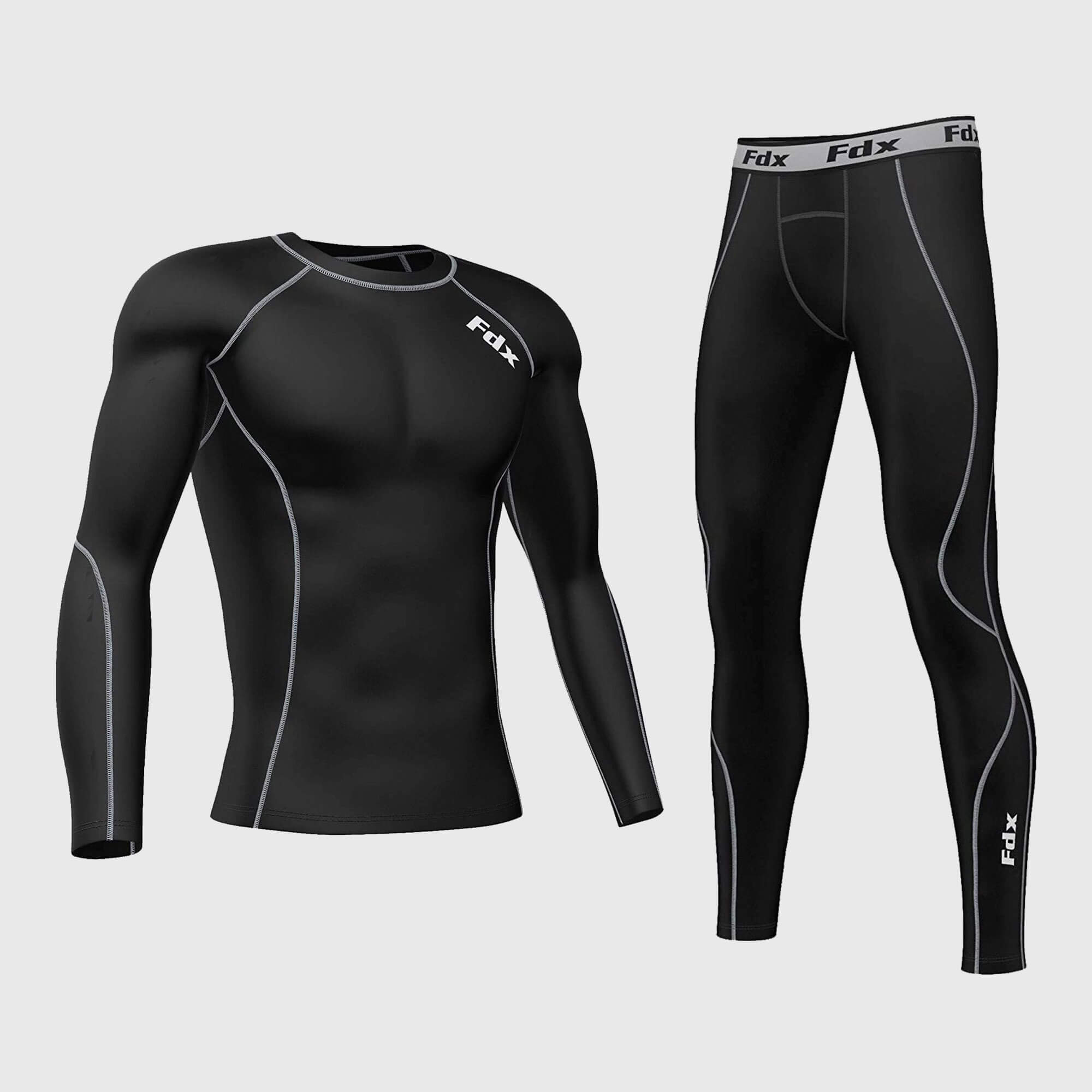 Fdx Men's Black & Grey Long Sleeve Compression Top & Compression Tights Base Layer Gym Training Jogging Yoga Fitness Body Wear - Blitz