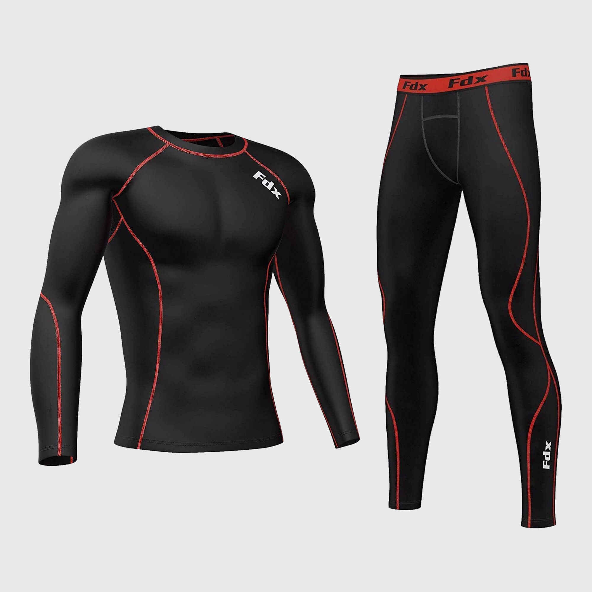 Fdx Men's Black & Red Long Sleeve Compression Top & Compression Tights Base Layer Gym Training Jogging Yoga Fitness Body Wear - Blitz