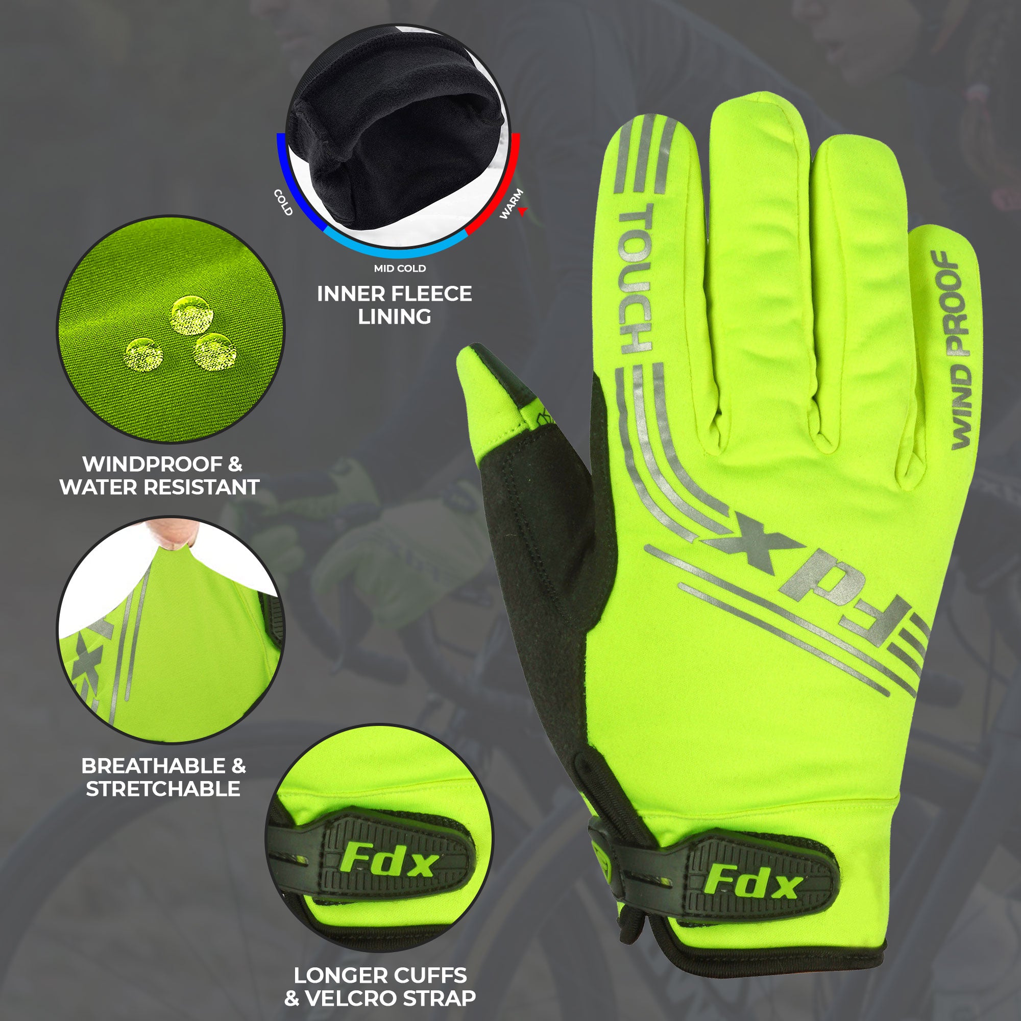 Fdx Yellow Full Finger Cycling Gloves for Winter MTB Road Bike Reflective Thermal & Touch Screen - Subzero