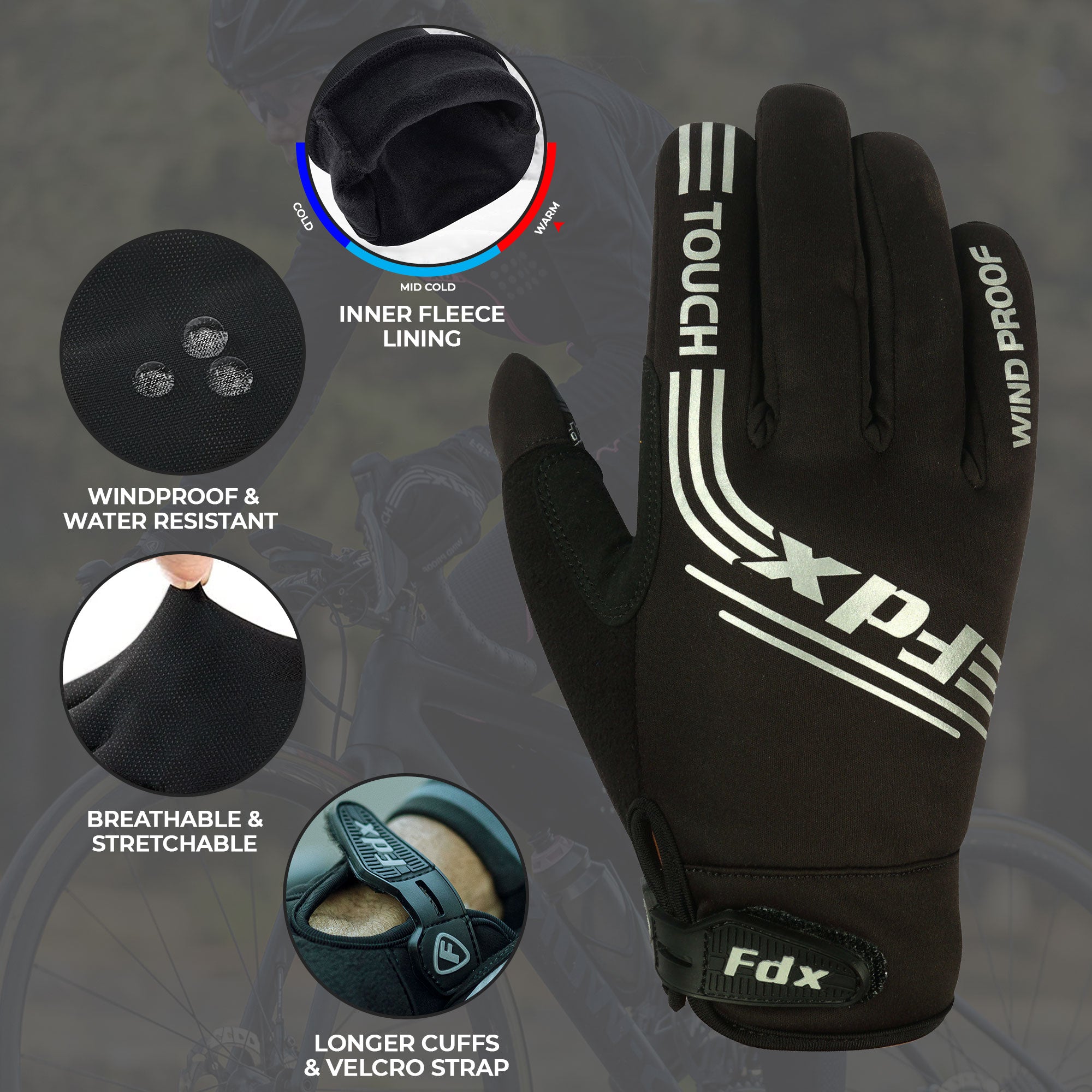 Fdx Black & White Full Finger Cycling Gloves for Winter MTB Road Bike Reflective Thermal & Touch Screen - Subzero