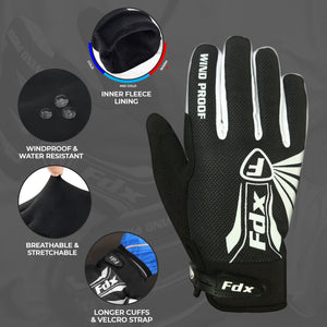 FDX Unisex Black & White Full Finger Winter Cycling Gloves - warm windproof anti-slip MTB padded unisex gloves, waterproof touch compatible women racing mitts