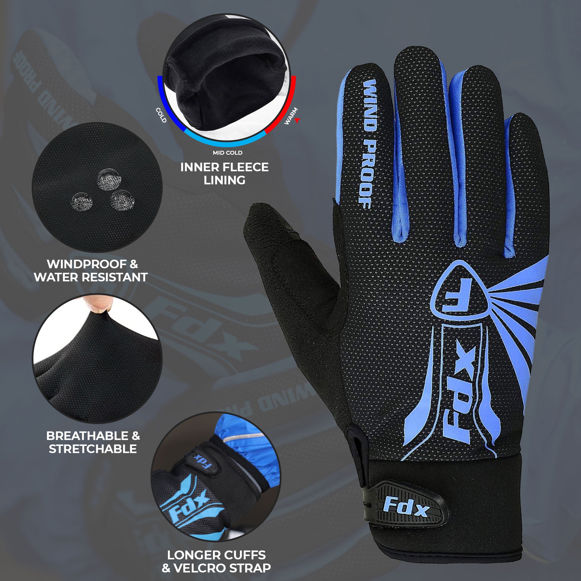 Fdx Black & Blue Full Finger Cycling Gloves for Winter MTB Road Bike Reflective Thermal & Touch Screen - Zesto