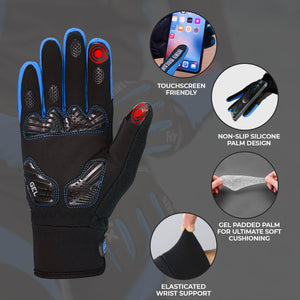 Unisex Blue Full Finger Winter Cycling Gloves - windproof warm padded palm women mitts, cold weather waterproof touch sensitive thermal racing MTB 