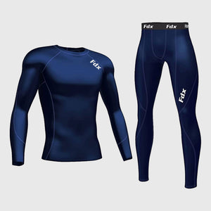 Fdx Mens Navy Blue Long Sleeve Compression Top & Compression Tights Base Layer Gym Training Jogging Yoga Fitness Body Wear - Thermolinx