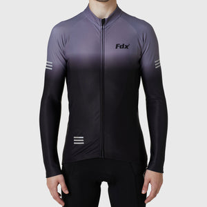Fdx Men's Thermal Black & Grey Long Sleeve Cycling Jersey for Winter Roubaix Fleece Road Bike Wear Top Full Zipper, Pockets & Hi viz Reflectors - Duo