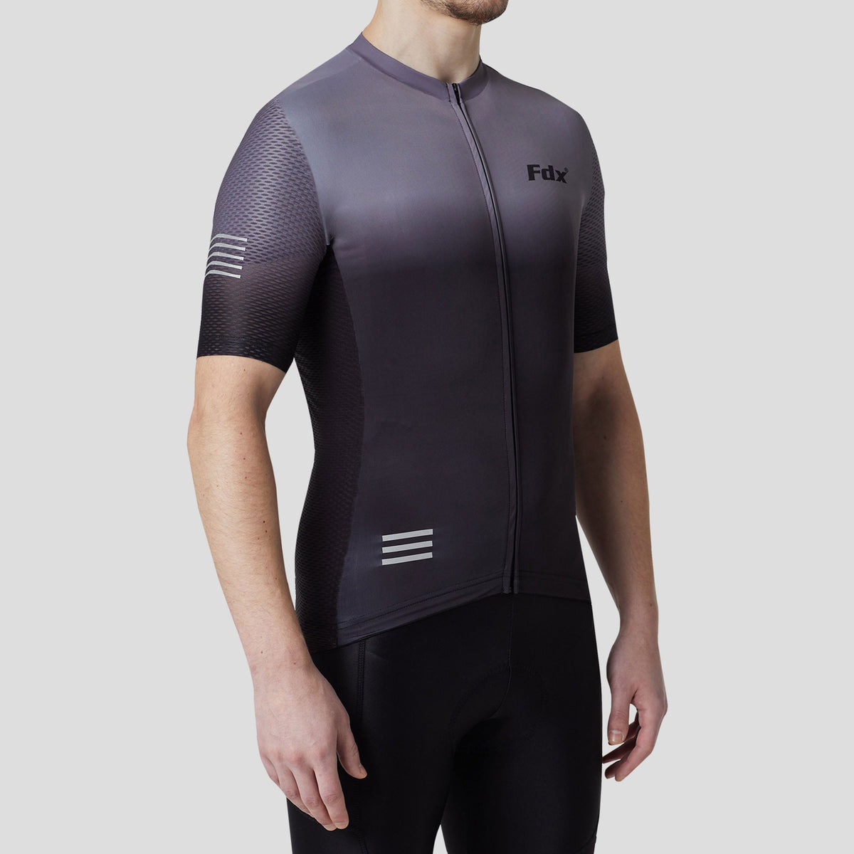 Men’s Black and Grey Fdx best full zip short sleeves cycling jersey indoor & outdoor Hi-Viz Reflective breathable summer lightweight biking top, skin friendly Hi-Viz Reflective half sleeves cycling mesh shirt for riding with two and 1 zip back pockets