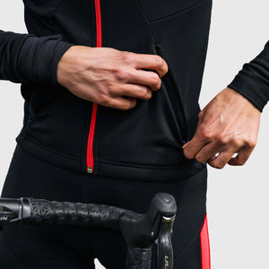 Fdx Mens Thermal Long Sleeve Cycling Jersey Black & Red for Winter Roubaix Warm Fleece Road Bike Wear Top Full Zipper, Pockets & Hi-viz Reflectors - Arch
