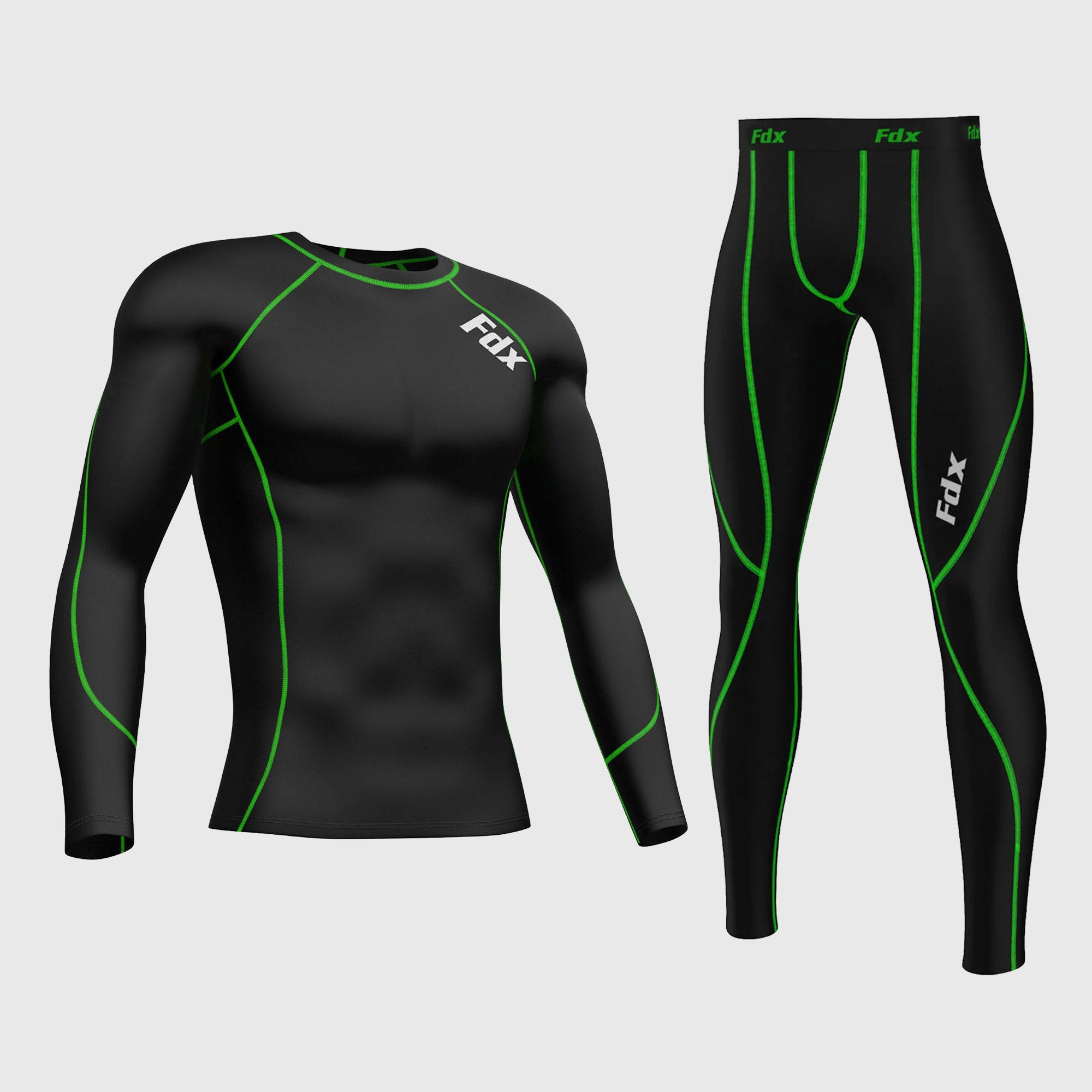 Fdx Men's Black & Green Long Sleeve Compression Top & Compression Tights Base Layer Gym Training Jogging Yoga Fitness Body Wear - Thermolinx