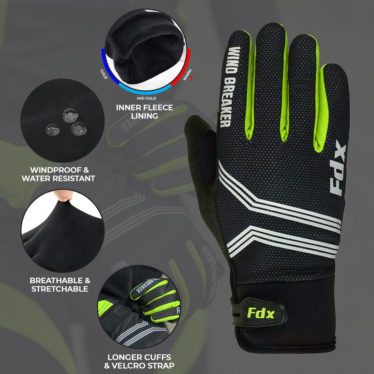 FDX Unisex Yellow & Black Full Finger Winter Cycling Gloves - warm windproof anti-slip MTB padded unisex gloves, waterproof touch compatible women racing mitts