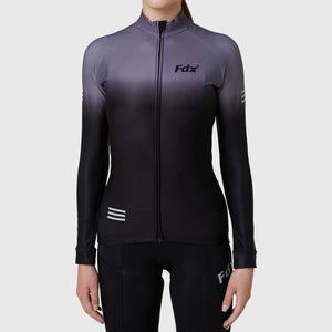 FDX Women’s full sleeves cycling jersey Black & Grey warm winter Roubaix biking top, lightweight windproof long sleeves fleece lined cycle shirt for riding