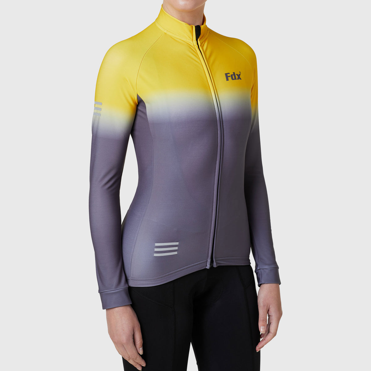 Fdx Women's Yellow & Grey Long Sleeve Cycling Jersey for Winter Roubaix Thermal Fleece Road Bike Wear Top Full Zipper, Pockets & Hi-viz Reflectors - Duo