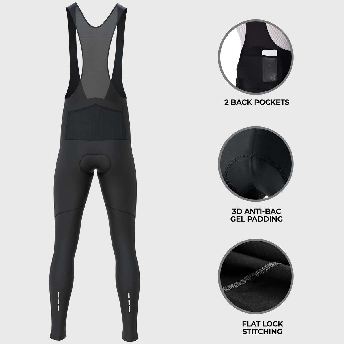 Fdx Mens Black Gel Padded Cycling Bib Tights For Winter Roubaix Thermal Fleece Reflective Warm Leggings - Arch Bike Pants