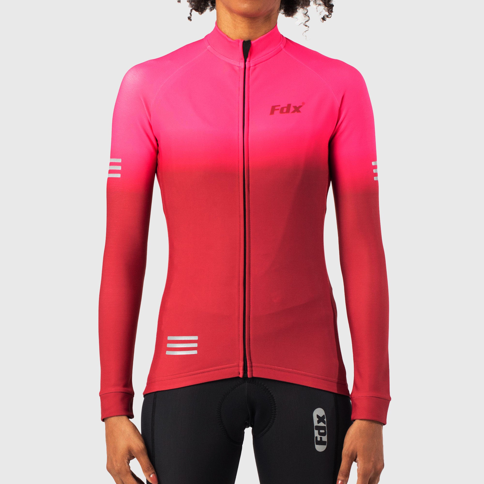 Fdx Best Women's Pink & Maroon Long Sleeve Cycling Jersey for Winter Roubaix Thermal Fleece Shirt Road Bike Wear Top Full Zipper, Lightweight  Pockets & Hi viz Reflectors - Duo