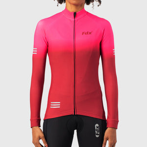 Fdx Women's Pink & Maroon Long Sleeve Cycling Jersey for Winter Roubaix Thermal Fleece Road Bike Wear Top Full Zipper, Pockets & Hi-viz Reflectors - Duo