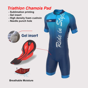 Fdx Men's Blue Sleeveless Gel Padded Triathlon / Skin Suit for Summer Cycling Wear, Running & Swimming Half Zip Reflective Details- Aero