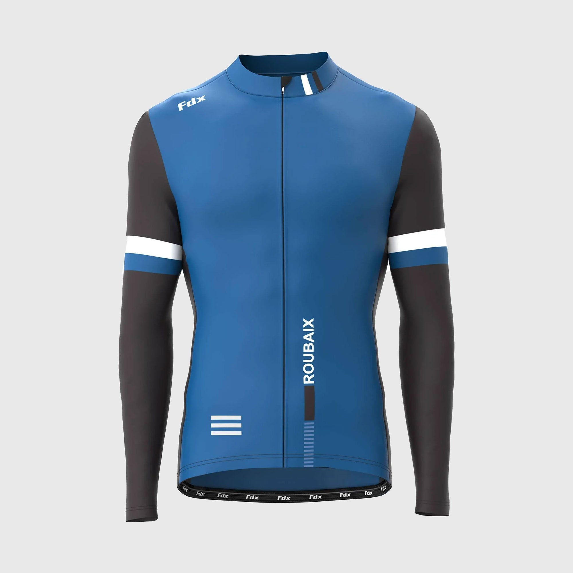 Fdx Men's Black & Blue Long Sleeve Cycling Jersey for Winter Roubaix Thermal Fleece Road Bike Wear Top Full Zipper, Pockets & Hi viz Reflectors - Limited Edition