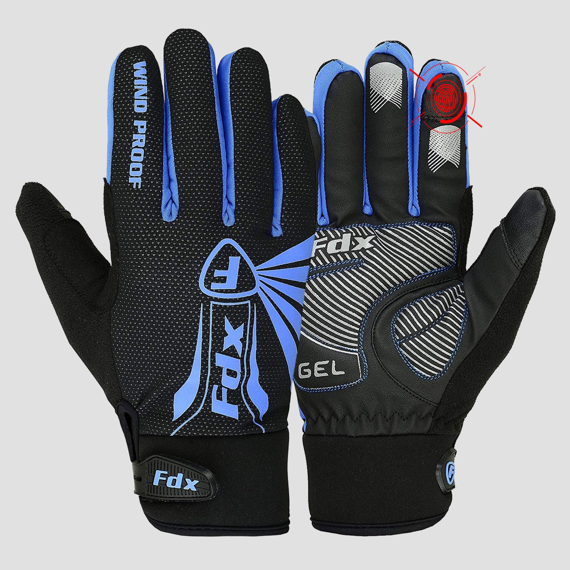 Fdx Black & Blue Full Finger Cycling Gloves for Winter MTB Road Bike Reflective Thermal & Touch Screen - Zesto