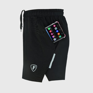 FDX Black Men's Breathable Running Shorts Reflective Details & Pockets Waist Belt Anti Odor Moisture Wicking & Perfect for Trekking, Tennis, squash & Gym Sports & Outdoor