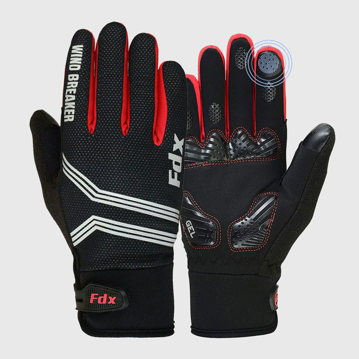 Fdx Black & Red Full Finger Cycling Gloves for Winter MTB Road Bike Reflective Thermal & Touch Screen - Dryrest