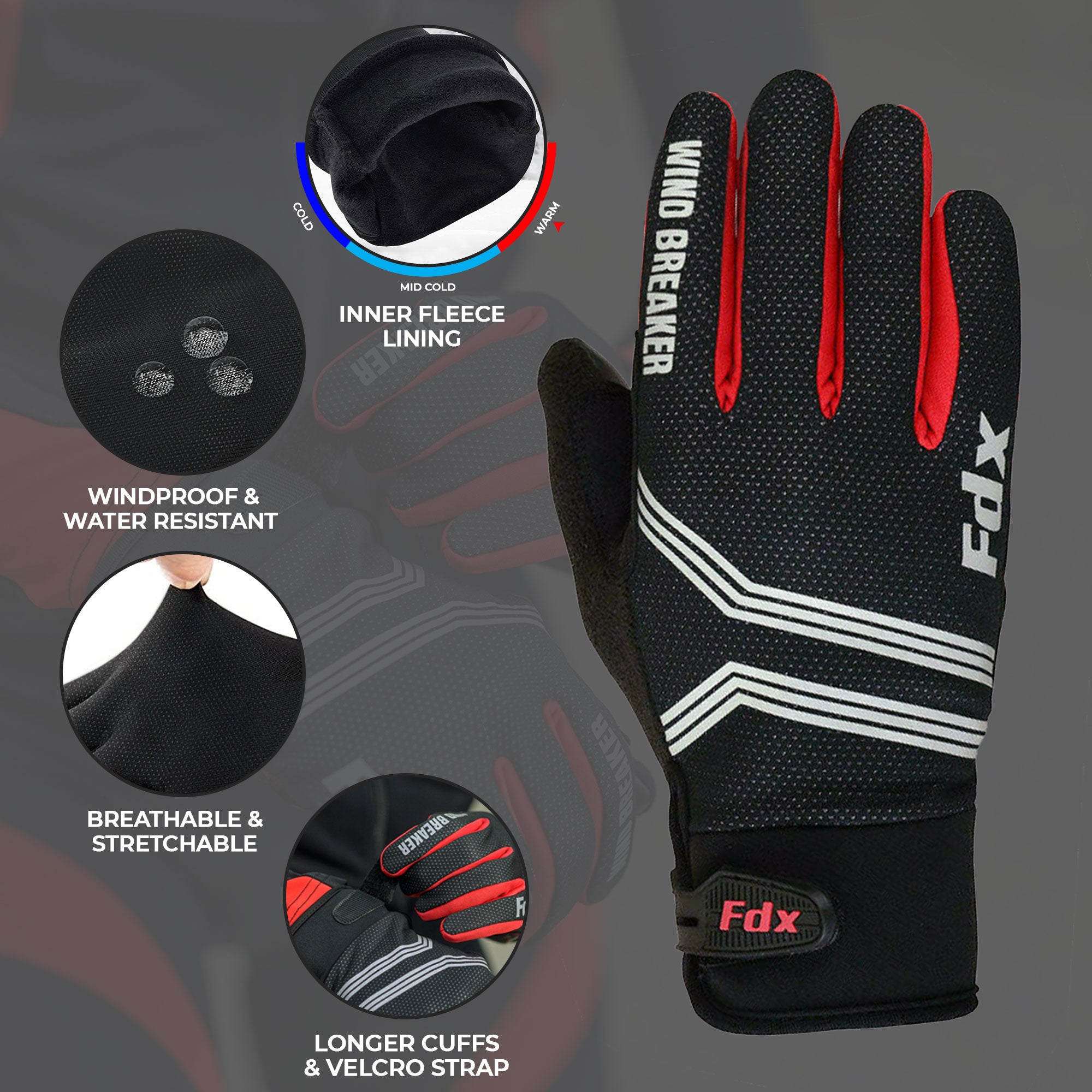 Fdx Black & Red Full Finger Cycling Gloves for Winter MTB Road Bike Reflective Thermal & Touch Screen - Dryrest