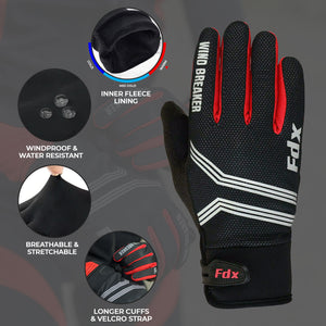 FDX Unisex Blue & Red Full Finger Winter Cycling Gloves - warm windproof anti-slip MTB padded unisex gloves, waterproof touch compatible women racing mitts