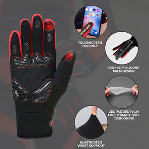 Unisex Red Full Finger Winter Cycling Gloves - windproof warm padded palm women mitts, cold weather waterproof touch sensitive thermal racing MTB 