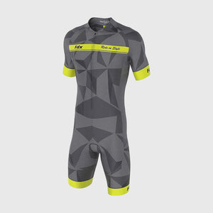 Fdx Mens Best Grey & Yellow Sleeveless Anti Bac Padded Triathlon / Skin Suit for Summer Cycling Wear, Running & Swimming Half Zip  - Splinter