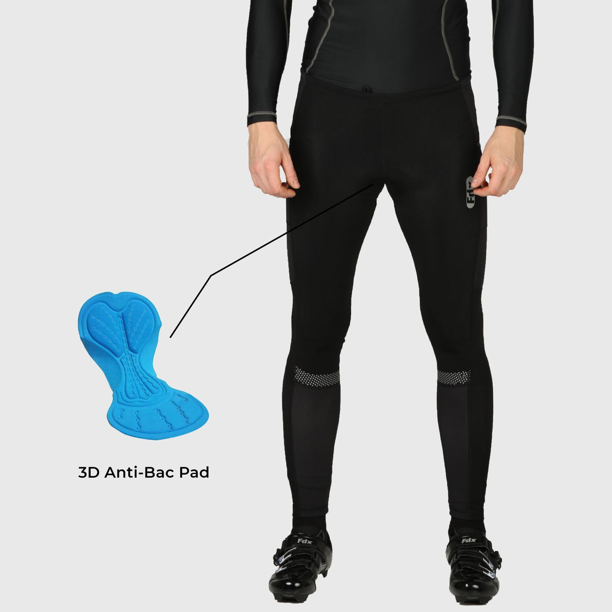 Fdx Men's Black 3D Anti Bacterial Gel Padded Cycling Tights For Winter Roubaix Thermal Fleece Reflective Warm Leggings - All Day Bike Long Pants