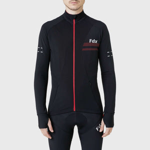 Fdx Warm Cycling Jersey for Mens Black & Red for Winter Roubaix Thermal Fleece Road Bike Wear Top Full Zipper, Pockets & Hi-viz Reflectors - Arch