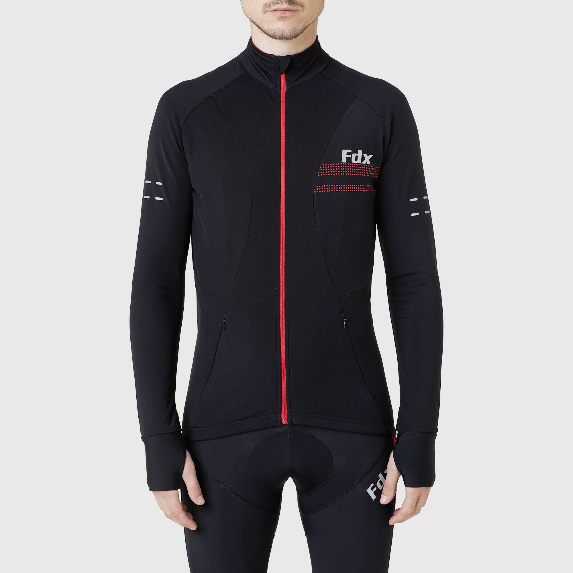 Fdx Warm Cycling Jersey for Men's Black & Red for Winter Roubaix Thermal Fleece Road Bike Wear Top Full Zipper, Pockets & Hi viz Reflectors - Arch