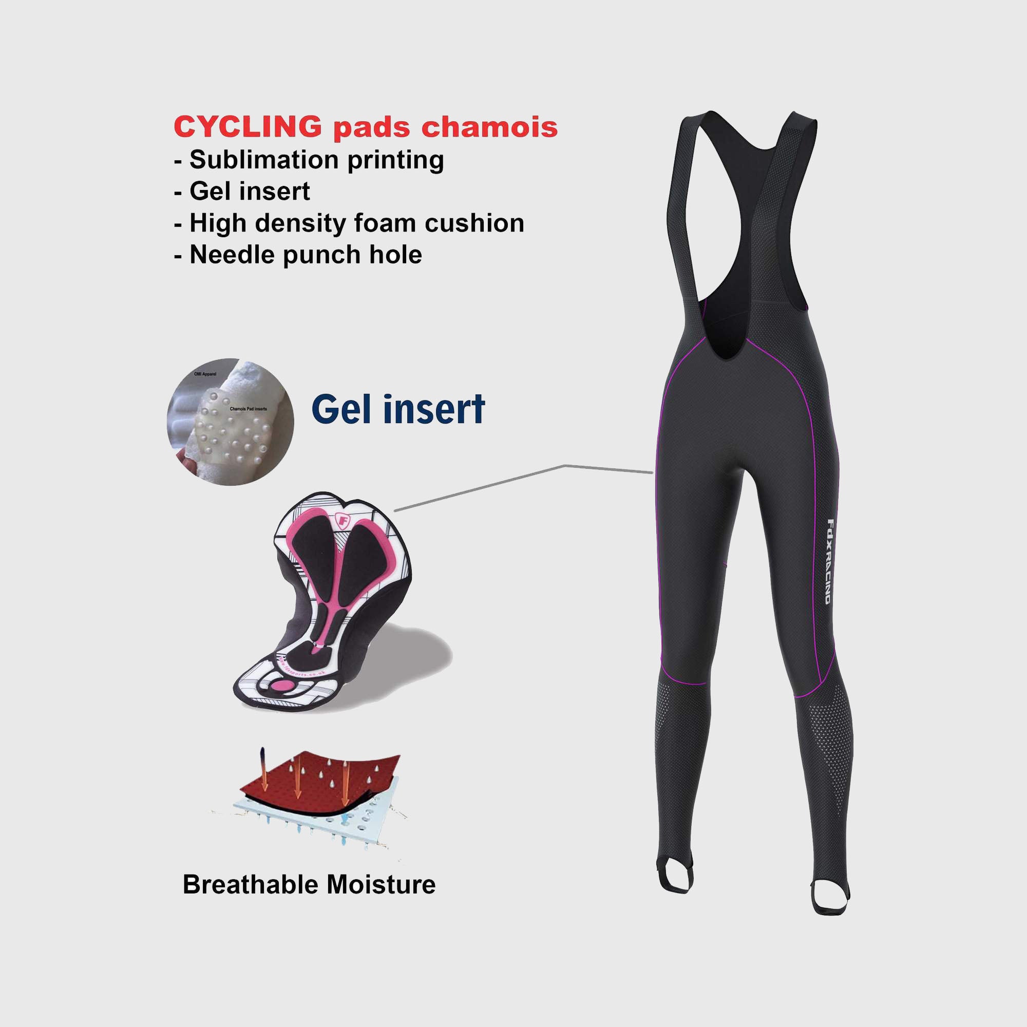 Fdx Womens Black & Purple Gel Padded Cycling Bib Tights For Winter Roubaix Thermal Fleece Reflective Warm Leggings - Polar Bike Pants