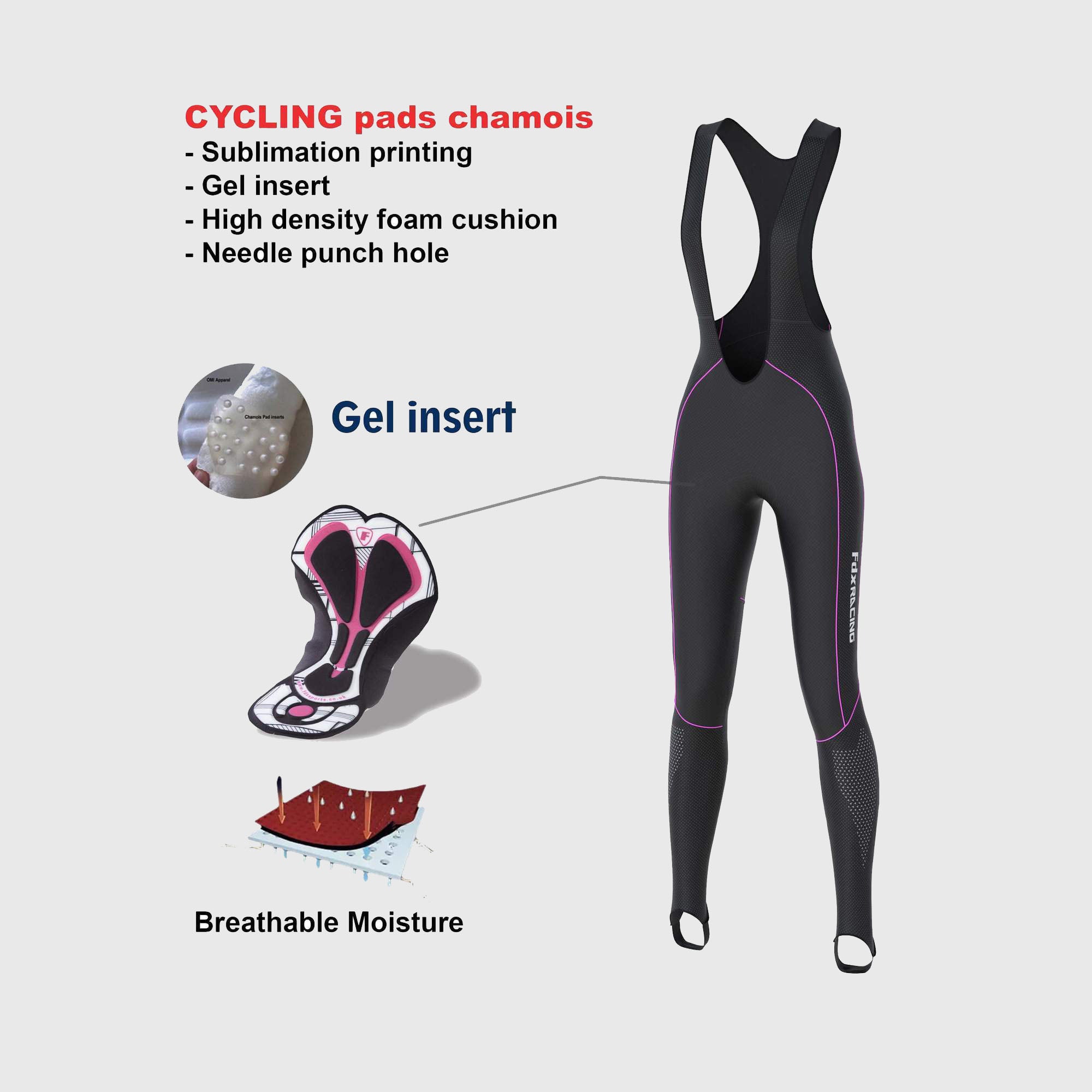 Fdx Womens Black & Pink Gel Padded Cycling Bib Tights For Winter Roubaix Thermal Fleece Reflective Warm Leggings - Polar Bike Pants