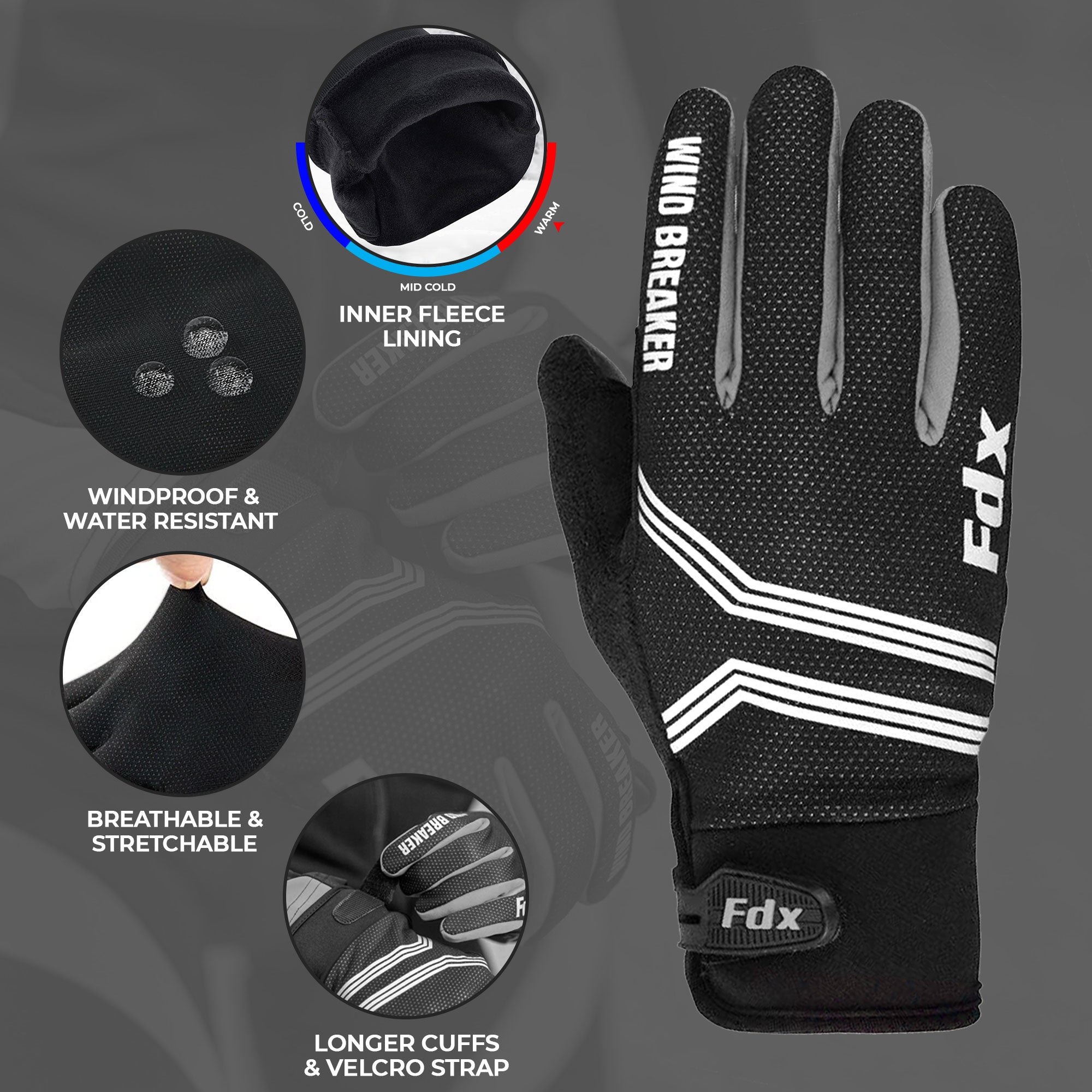 Fdx Black Full Finger Cycling Gloves for Winter MTB Road Bike Reflective Thermal & Touch Screen - Dryrest