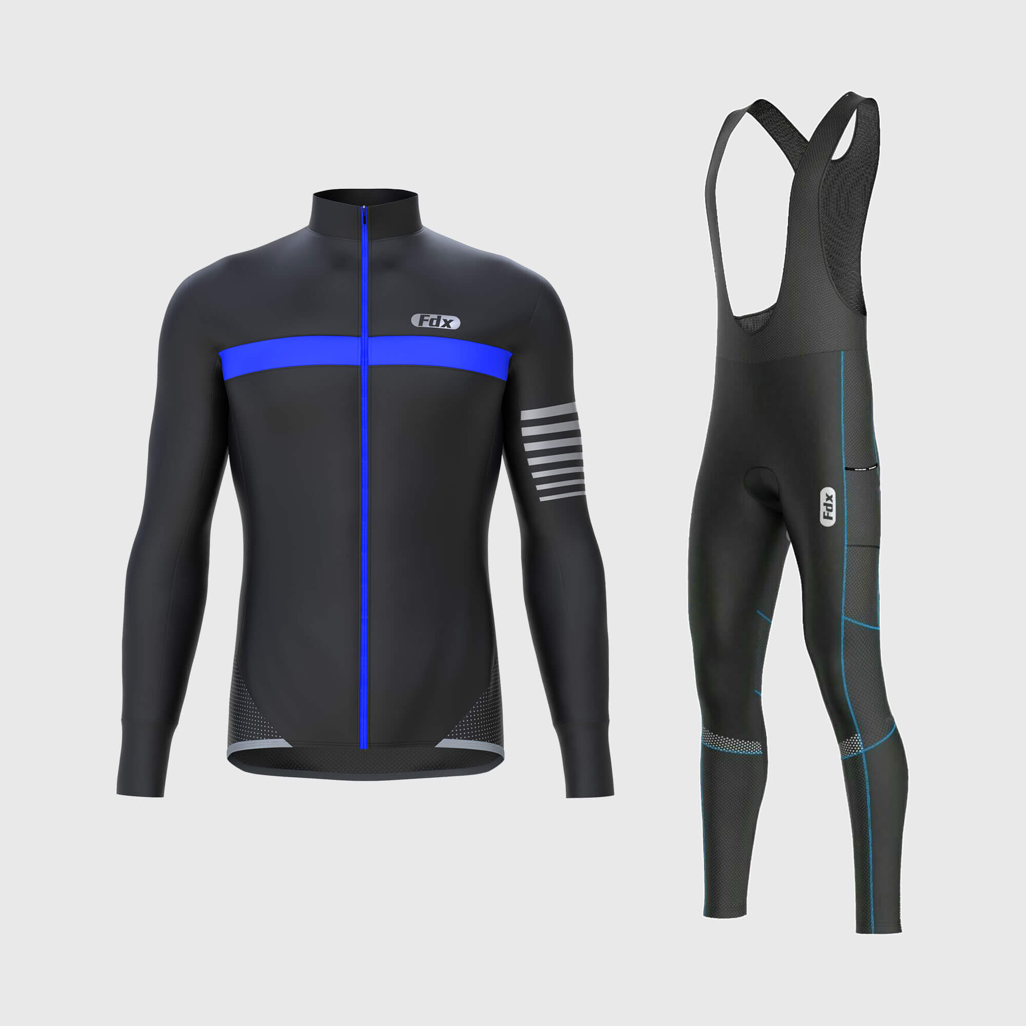Fdx Mens Black & Blue Long Sleeve Cycling Jerseys & Gel Padded Bib Tights Pants for Winter Roubaix Thermal Fleece Road Bike Wear Windproof, Hi-viz Reflectors & Pockets - All Day