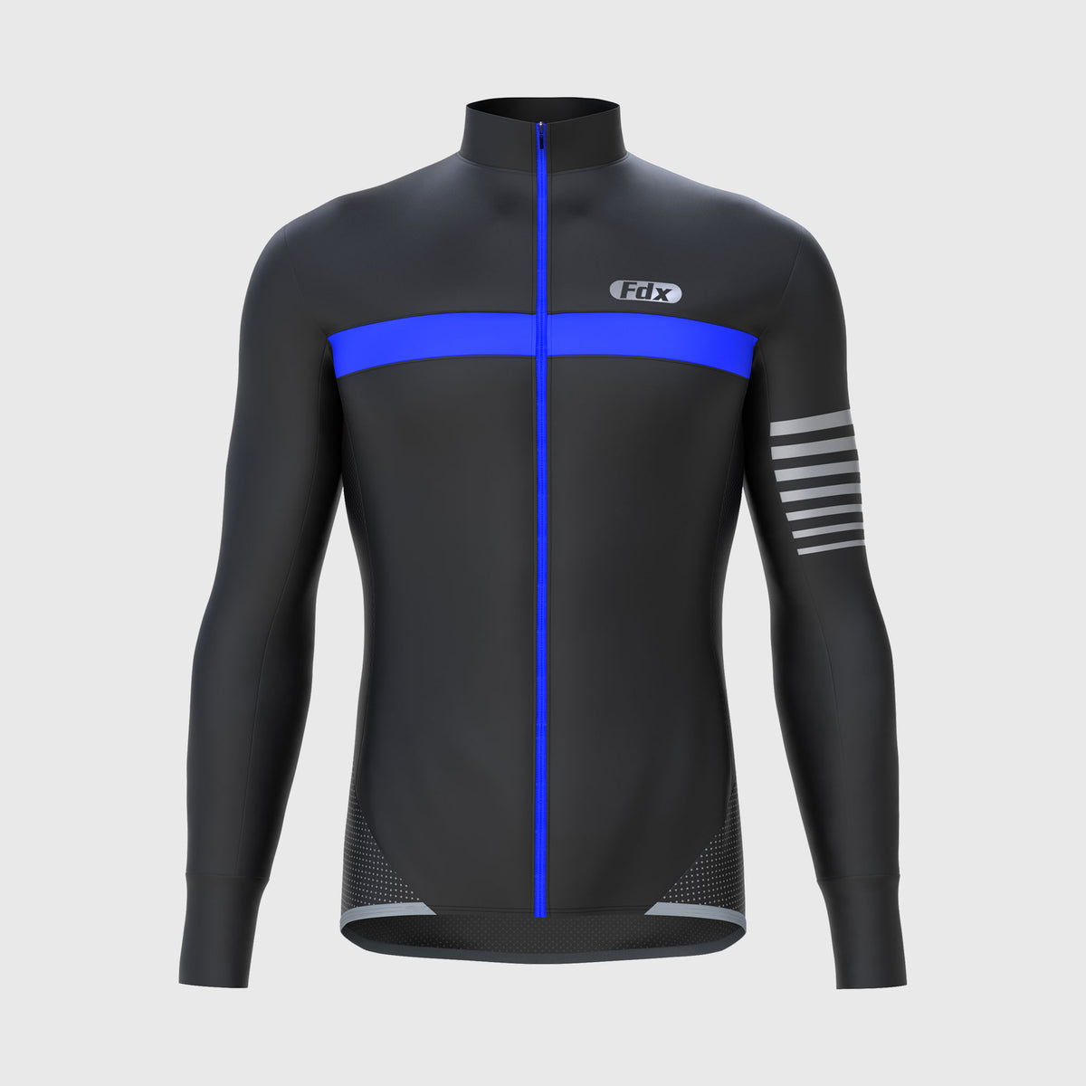 Fdx Men's Black & Blue Best Long Sleeve Cycling Jersey for Winter Roubaix Thermal Fleece Road Bike Wear Top Full Zipper, Pockets & Hi viz Reflectors - All Day