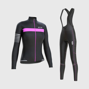 Fdx Women's Black & Pink Long Sleeve Cycling Jersey & Gel Padded Bib Tights Pants for Winter Roubaix Thermal Fleece Road Bike Wear Windproof, Hi-viz Reflectors & Pockets - All Day