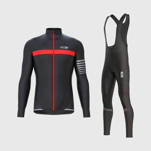 Fdx Mens Black & Red Long Sleeve Cycling Jerseys & Gel Padded Bib Tights Pants for Winter Roubaix Thermal Fleece Road Bike Wear Windproof, Hi-viz Reflectors & Pockets - All Day