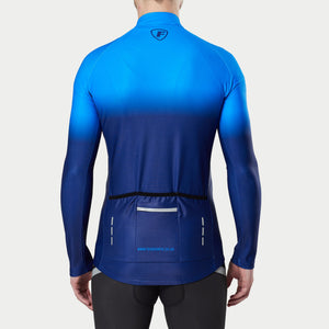 Fdx Men's Blue Pockets Long Sleeve Cycling Jersey for Winter Roubaix Thermal Fleece Road Bike Wear Top Full Zipper, Hi viz Reflectors - Duo