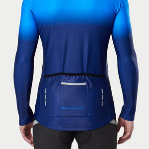 Fdx Men's Reflective Blue Long Sleeve Cycling Jersey for Winter Roubaix Thermal Fleece Road Bike Wear Top Full Zipper, Pockets & Hi viz Reflectors - Duo