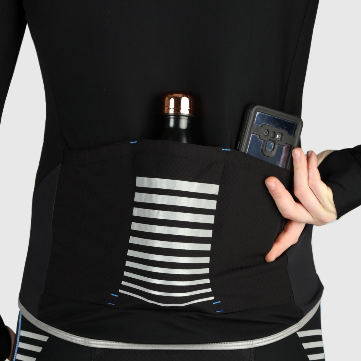 Fdx Men's Black & Blue Storage Pockets Long Sleeve Cycling Jersey Best for Winter Roubaix Thermal Fleece Road Bike Wear Top Full Zipper, Pockets & Hi viz Reflectors - All Day