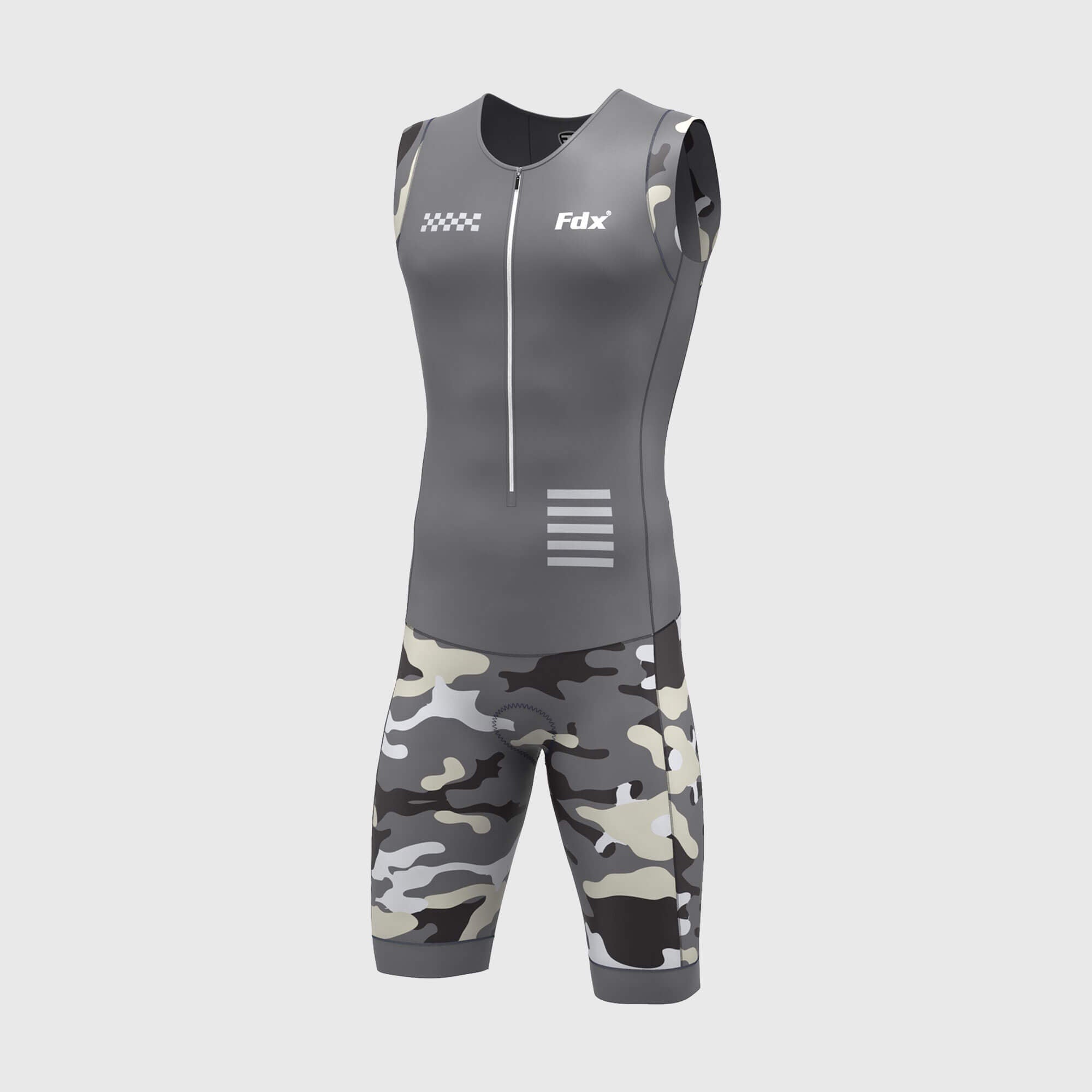 Fdx Mens Grey Sleeveless Gel Padded Triathlon / Skin Suit for Summer Cycling Wear, Running & Swimming Half Zip - Camouflage