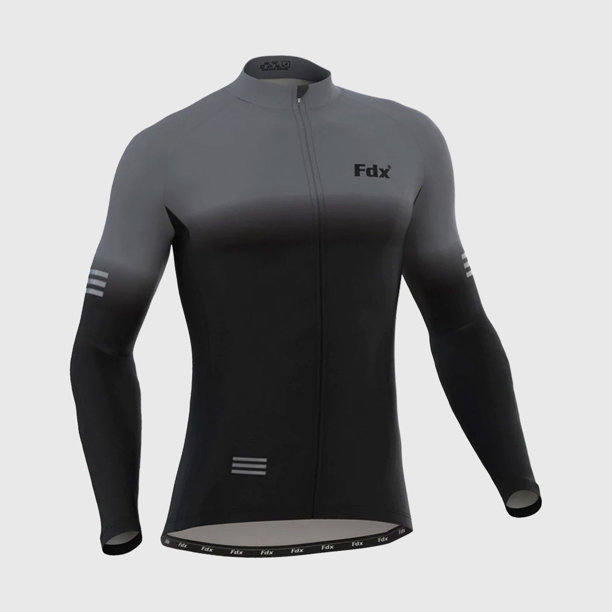 Fdx Men's Black & Grey Best Long Sleeve Cycling Jersey for Winter Roubaix Thermal Fleece Road Bike Wear Top Full Zipper, Pockets & Hi viz Reflectors - Duo