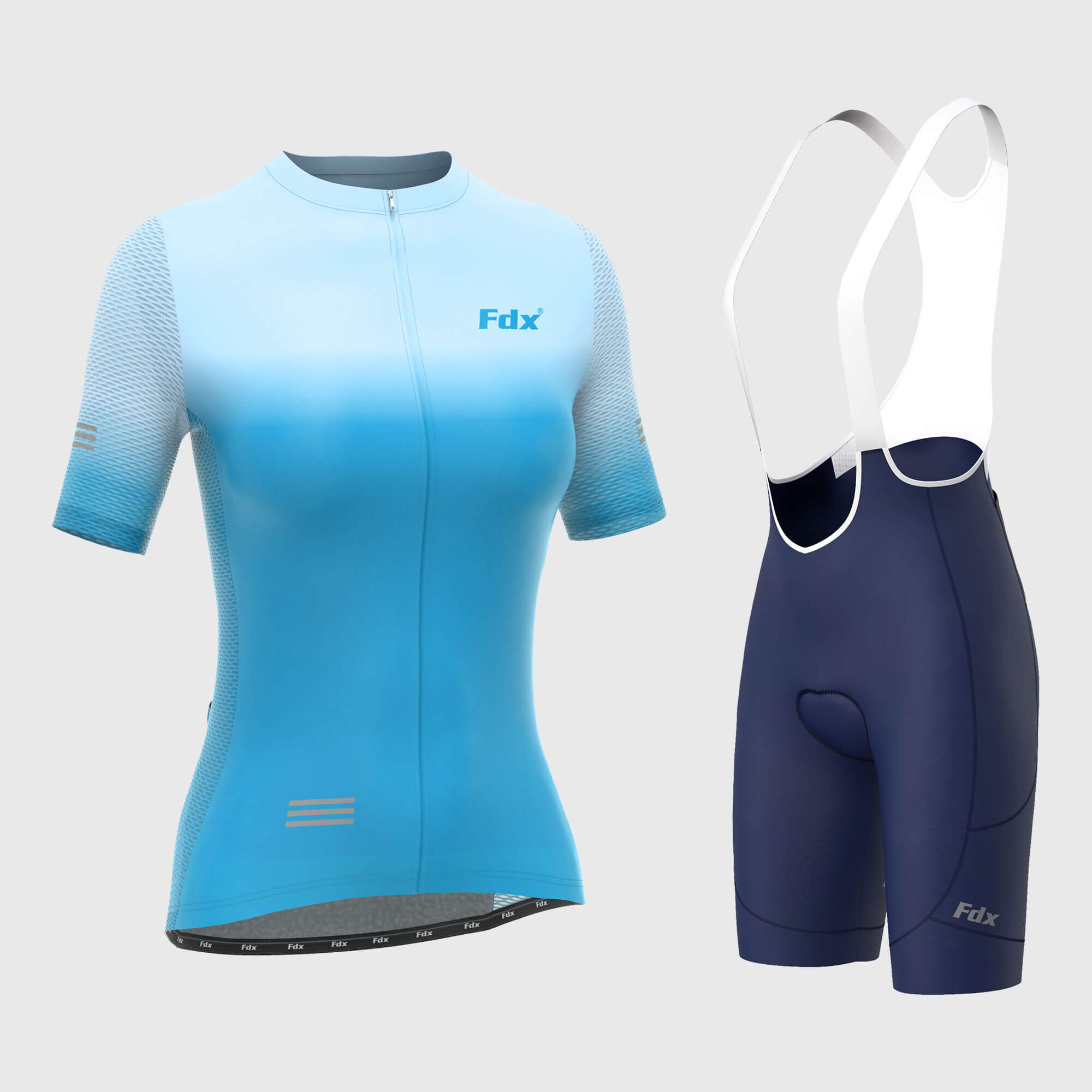 Fdx Women's Blue Short Sleeve Cycling Jersey & Gel Padded Bib Shorts Best Summer Road Bike Wear Light Weight, Hi-viz Reflectors & Pockets - Duo